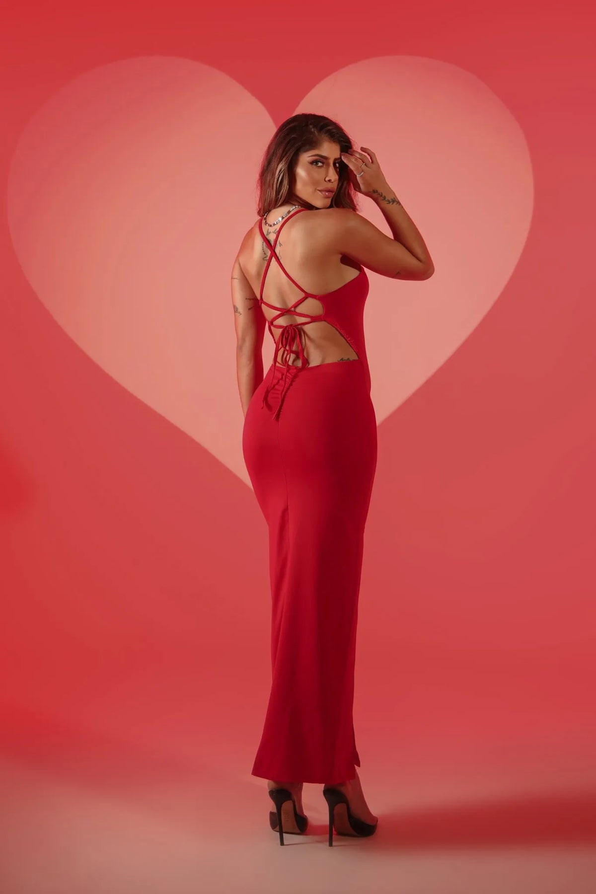 Vestido Longo Naomi Poliamida Saia Fenda Vermelho